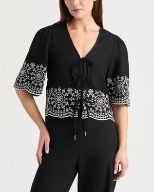 Ellen Tracy 3 Front Tie Embroidered Top - Black