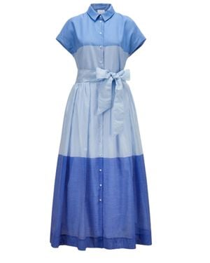 Sara Roka Color-Block Cotton Silk Shirt Dress With Waist Sash - Blue