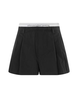 Alexander Wang Elastic Logo Wide-Leg Darts Cotton Shorts - Black