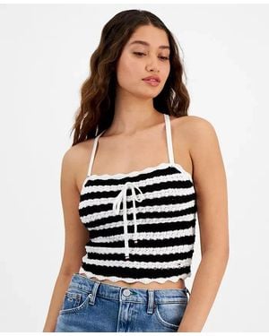 Tommy Hilfiger Tank Top Striped Crochet Tie Front Cropped Fts1325 - Black
