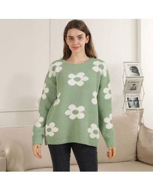 TRUEDAMES Cozy Daisy Pattern Crew Neck Sweater - Green