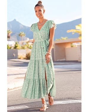 Lascana Flutter Sleeve Maxi Dress Patterned - Green