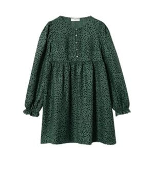 Mango A-Line Dress Kid Leopard Print Pleated Long Sleeve Pullover Jdm596 - Green