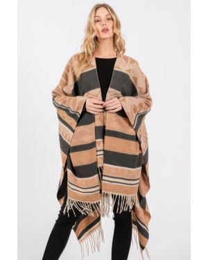 TRUEDAMES Aztec Pattern Fringe Ruana - Black
