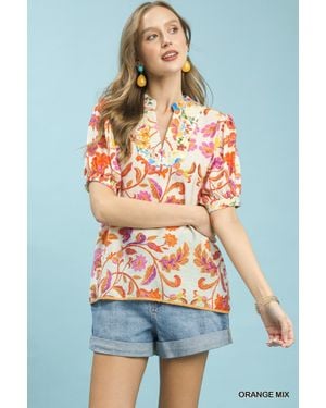 TRUEDAMES Mix Floral Split-Neck Short Sleeve Top - White
