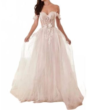 Cinderella Divine Nova Off Shoulder Bustier Floral Applique Tulle Wedding Dress - Pink
