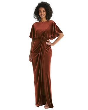 After Six Flutter Sleeve Open-Back Velvet Maxi Dress With Draped Wrap Skirt - Brown