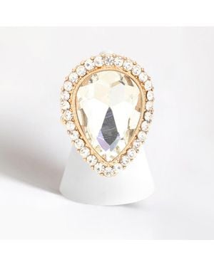 Fashnzfab Crystal Rhinestone Teardrop Stretch Cocktail Ring - Metallic