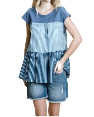 Cotton Bleu Striped & Tiered Denim Top - Blue