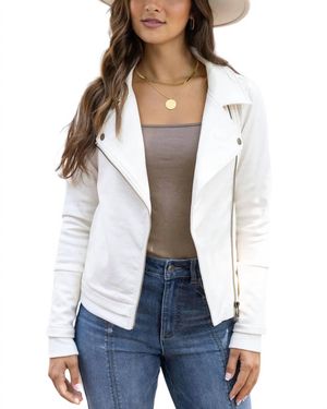 Grace and Lace Move Free Leather-Like Moto Jacket - White