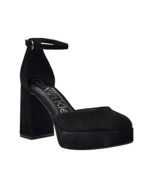 Calvin Klein Sabin Pump Suede Ankle Strap Block Heel Lion22 - Black