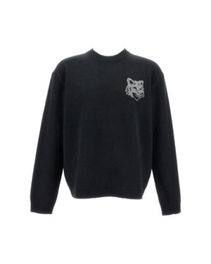 Maison Kitsuné Long-Sleeve Sweater With Contrast Fox Head Intarsia - Blue