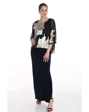 FRANK LYMAN Metallic Floral Chiffon Overlay Evening Dress - Black