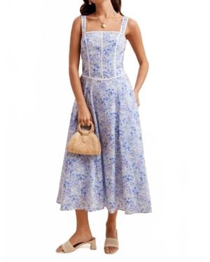 In-Loom Contrast Piped Floral Maxi Dress - Blue