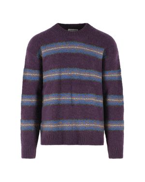 Dries Van Noten Horizontal Stripe Knit Sweater With Classic Crew Neckline - Blue