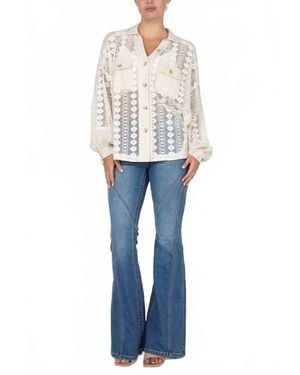 Miss Me Mixed Media Button Up Long Sleeve Top - Blue