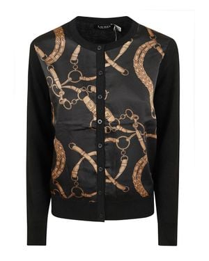 Ralph Lauren Contrasting Knit Printed Crewneck Cardigan - Black