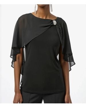 Joseph Ribkoff Rhinestone Brooch Chiffon Cape Overlay Top - Black