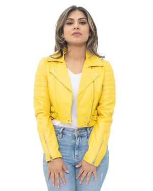Infinity Leather Cropped Brando Leather Biker Jacket-Damascus - Yellow