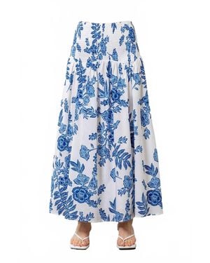 Moon River Floral Print Smocked Midi Skirt - Blue