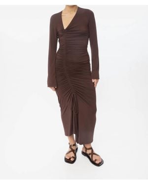 Dāl the Label Ruched Asymmetric Midi Dress - Brown