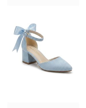 Forever & Always Shoes Arielle Bow Ankle Strap Block Heel Pump - Blue