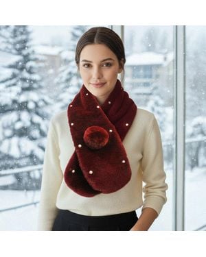 TRUEDAMES Pearl Embellished Faux Fur Pom Pom Pull Through Scarf - Blue