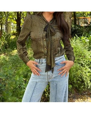 Beulahstyle Neck Tie Long Sleeve Blouse - Green