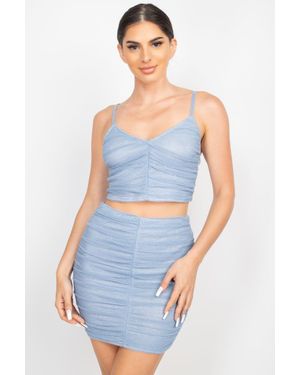TRUEDAMES Shirred Cami Top & Mini Skirts Set - Blue