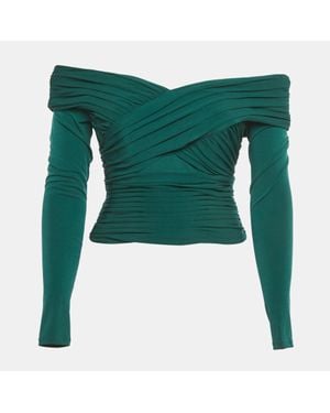 Self-Portrait Pleated Jersey Crossover Top - Green