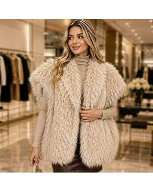 TRUEDAMES Oversized Shaggy Plush Faux Fur Open Front Winter Vest - Natural