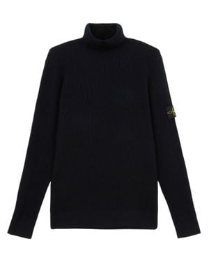 Stone Island T-Neck Compass Logo Ribbed Turtleneck Sweater - Blue