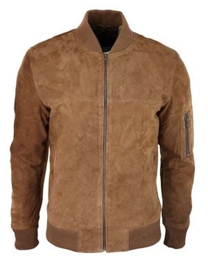 TruClothing Suede Bomber Jacket Leather Varsity Casual - Brown