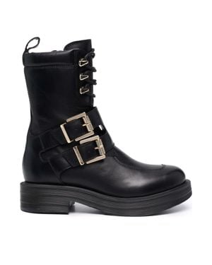 Love Moschino Leather Lace-Up Metallic Buckle Boots - Black