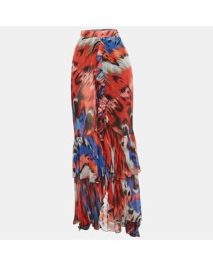 Just Cavalli Multicolor Abstract Print Crepe Ruffled Maxi Skirt - Red