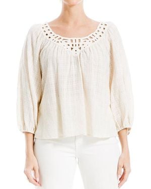 Max Studio 3/4-Bubble Sleeve Crochet Neck Top - White