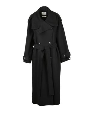 Sportmax Double-Breasted Virgin Wool Coat With Belted Waist And Integrated Pockets - Black
