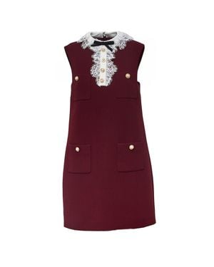Self-Portrait Burgundy Crepe Mini Dress With Lace Ruffled Collar - Purple
