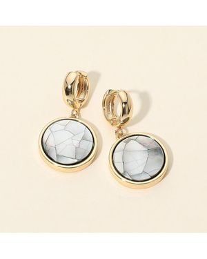 Fashnzfab Abalone Round Disc Charm Drop Huggie Hoop Earrings - Metallic