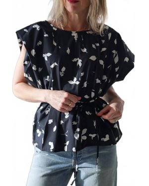 Alysi Printed Cotton Tie Waist Top - Black