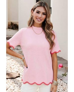Little Daisy Closet Mock Neck Solid Short Sleeve Sweater - Pink