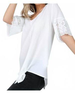 shop basic Laser Cut Short Sleeve V Neck Top With Tie - White