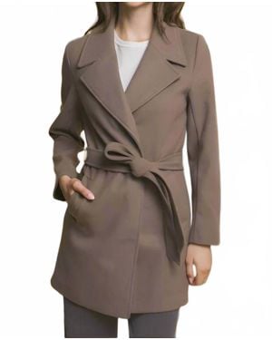 Love Tree Lapel Collared Trench Coat With Waist Tie - Brown