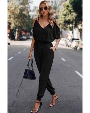 TRUEDAMES Fashnzfab Solid Wrap V Neck Cold Shoulder Outfits Jumpsuit - Black