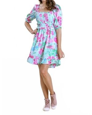 Umgee Ruffle & Smocked Floral Dress - Blue