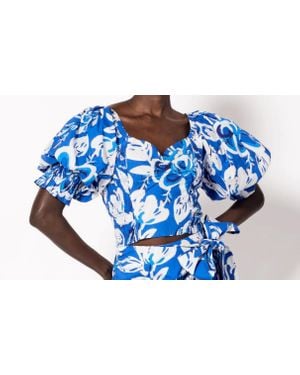 Cleobella Rayna Floral Print Puff Sleeve Crop Top - Blue