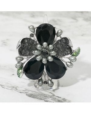 Fashnzfab Pearl Stone Embellished Oversized Flower Stretch Ring - Metallic
