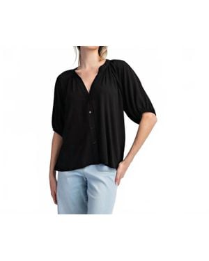 Eesome Half Sleeve Notched V-Neck Blouse - Black