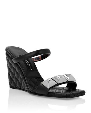 Philipp Plein Leather Sandals Wedge Matelassé Studs - Black