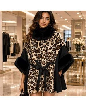 TRUEDAMES Plush Faux Fur Trim Leopard Print Belted Winter Poncho - Black